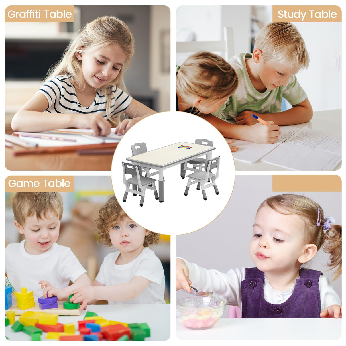Kids Table and Chair Set, Height Adjustable Toddler Table and 4 Chairs Set for Ages 2-10, Graffiti Desktop, Non-Slip Legs, Arts & Crafts Table, Children Activity Table for Daycare Classroom Home GAOMON