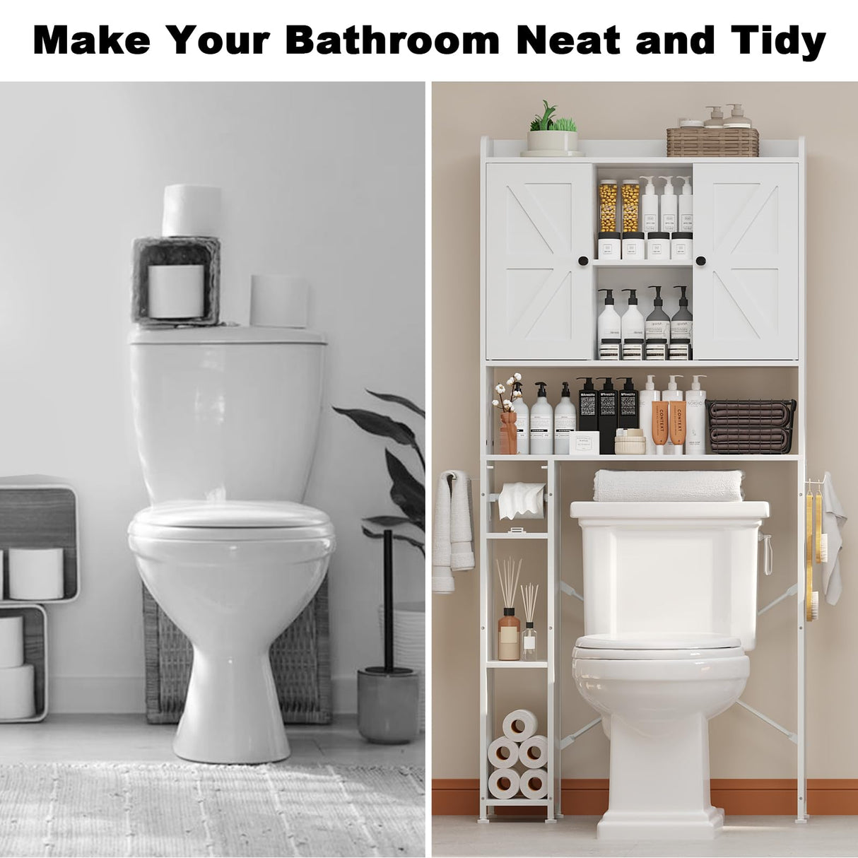 EasyCom Over The Toilet Storage Cabinet with Metal Frame and 7 Storage Shelves, Bathroom Organizer with Adjustable Shelves, Paper Holder and Racks, Farmhouse Storage Cabinet for Laundry, White EasyCom