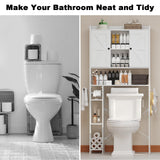 EasyCom Over The Toilet Storage Cabinet with Metal Frame and 7 Storage Shelves, Bathroom Organizer with Adjustable Shelves, Paper Holder and Racks, Farmhouse Storage Cabinet for Laundry, White EasyCom