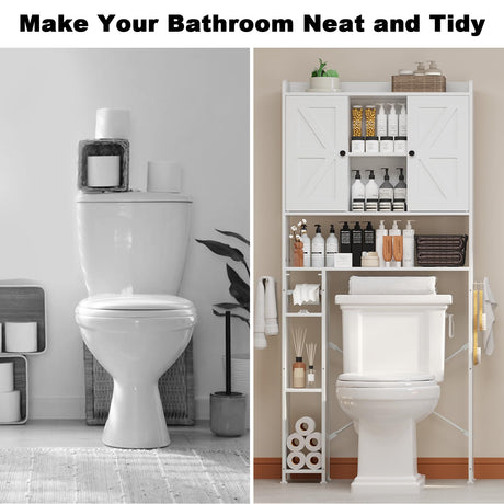 EasyCom Over The Toilet Storage Cabinet with Metal Frame and 7 Storage Shelves, Bathroom Organizer with Adjustable Shelves, Paper Holder and Racks, Farmhouse Storage Cabinet for Laundry, White EasyCom