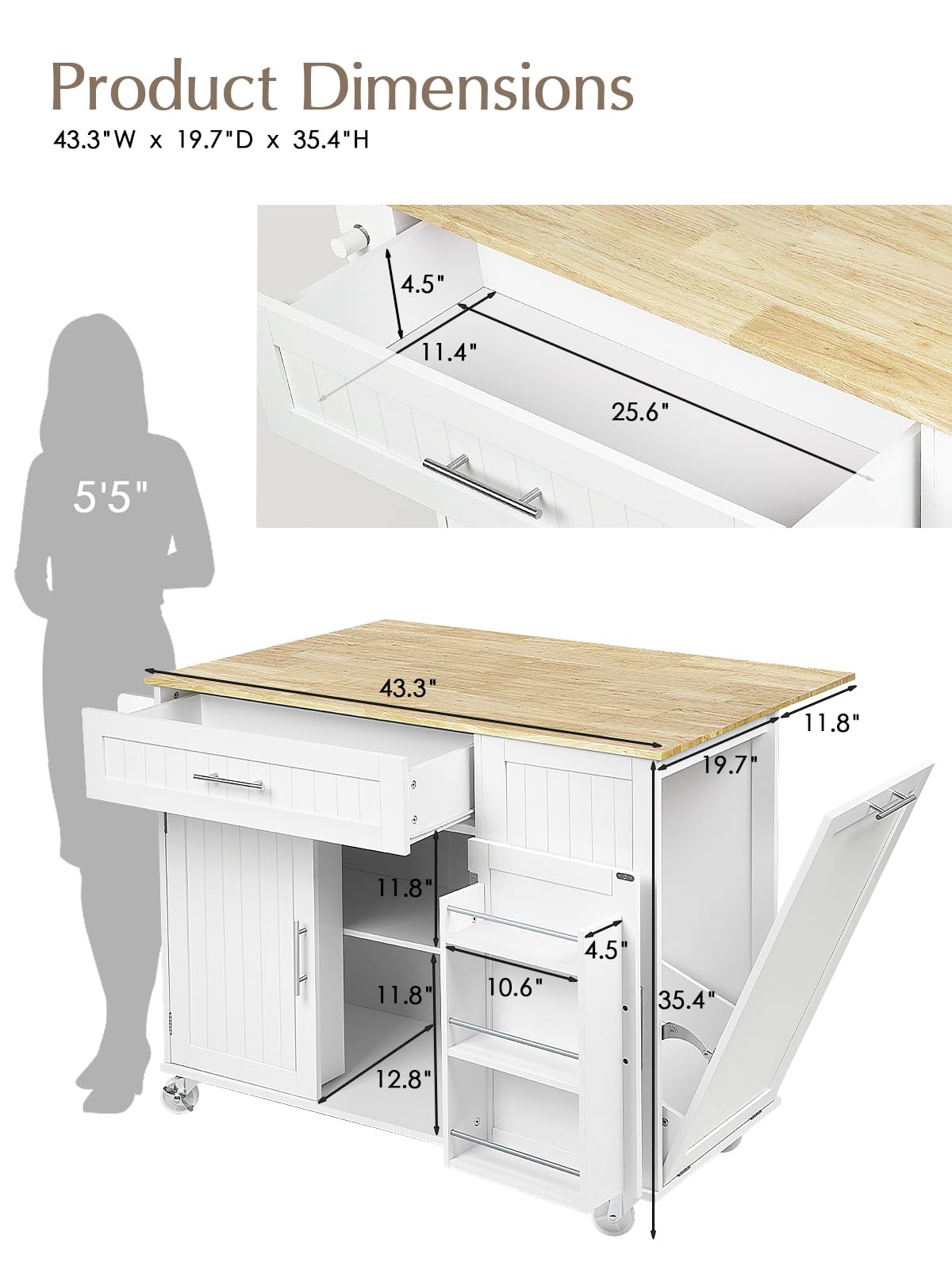 OtterOasis Kitchen Island with Storage, 31.5" D Rolling Kitchen Island Cart on Wheels with Widen Drop Leaf Rubberwood Top, Large Mobile Kitchen Island with Trash Can Storage and Towel Bar, White OtterOasis