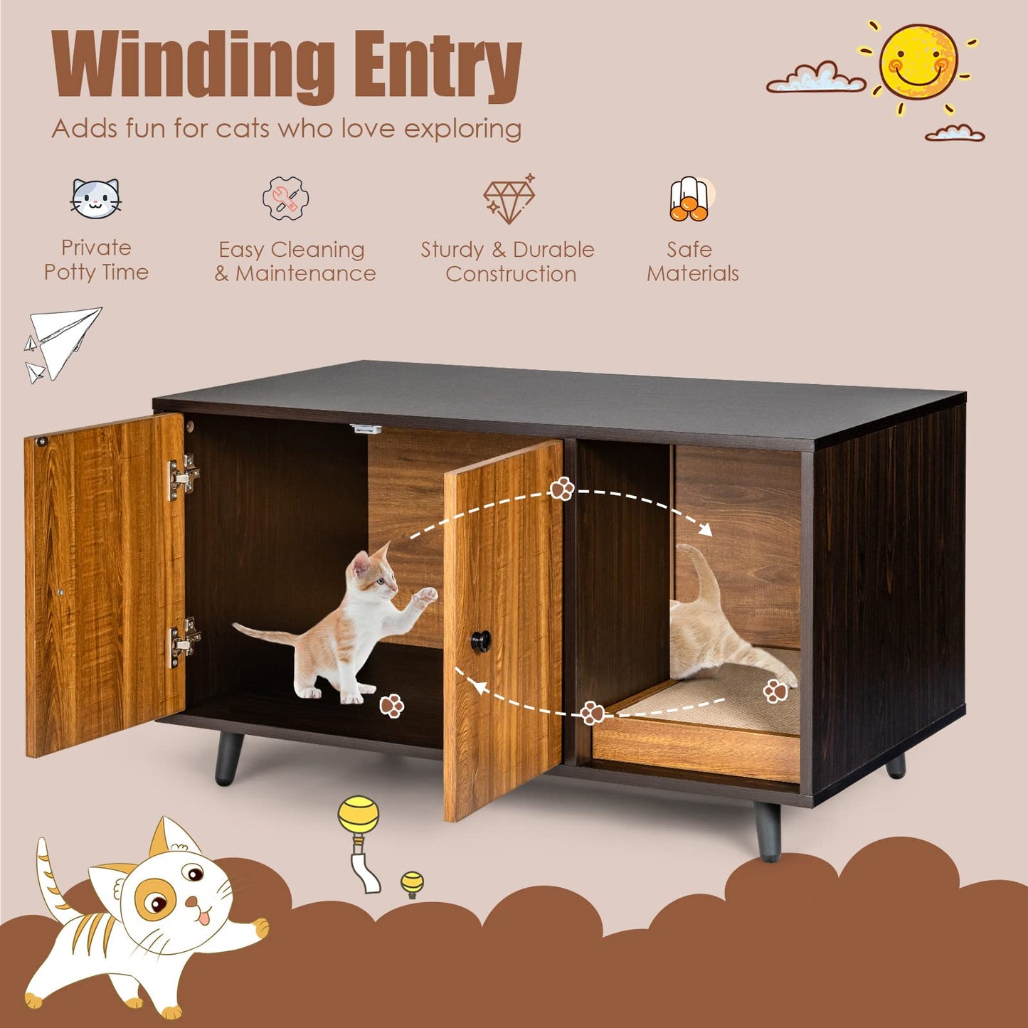 Tangkula Cat Litter Box Enclosure, Cat Washroom W/Divider, Scratching Pad, Metal Leg, Enclosed Cat Box Cabinet Pet House W/Double Doors, Litter Box Furniture Hidden for Large Cat (Walnut & Bl - WoodArtSupply