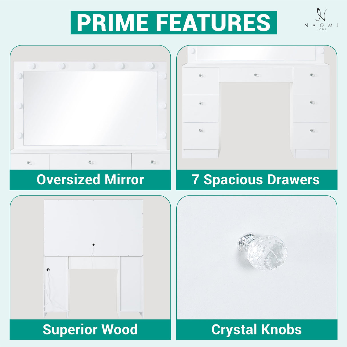 Naomi Home Vera Makeup Vanity with 11 Lights, Vanity Desk with Power Outlet, Makeup Vanity Table with 7 Drawers, Large Mirror, Dressing Vanity Table for Bedroom - White, with Stool Naomi Home