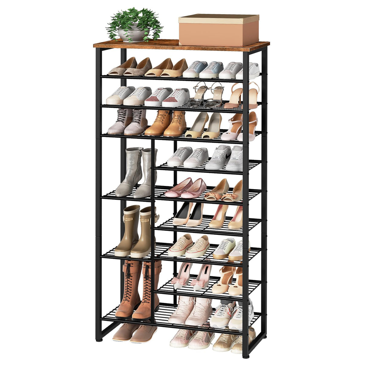 HOOBRO Shoe Rack, 10-Tier Shoe Shelf with Boots Storage, Large-Capacity Shoe Storage Organizer for Entryway, for 27-30 Pairs of Shoes, Hallway, Dorm Room, Rustic Brown and Black BF172XJ01 HOOBRO