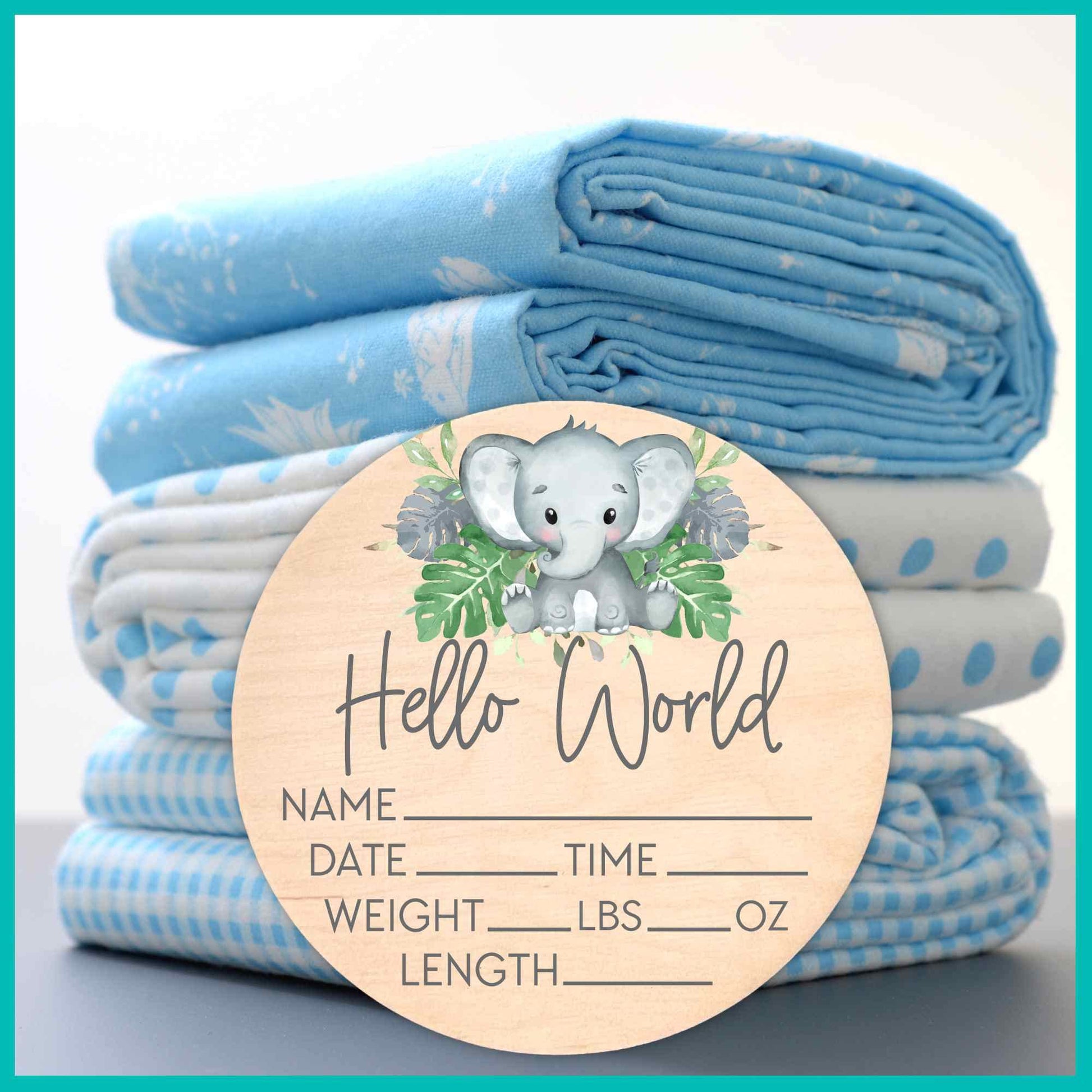 Birth Stat Sign for Newborn - Baby Name Announcement - Hello World Elephant Hospital Photography Prop - Jungle Safari - WoodArtSupply