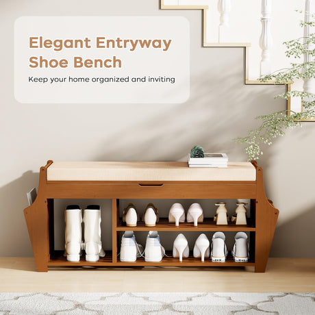 oakvivo 39.4in Shoe Bench with 2 Side Holder, 3 Tier Bamboo Entryway Bench with Storage, Shoe Rack Bench Organizer with Cushion for Entryway Hallway Living Room, Holds up to 330lbs oakvivo