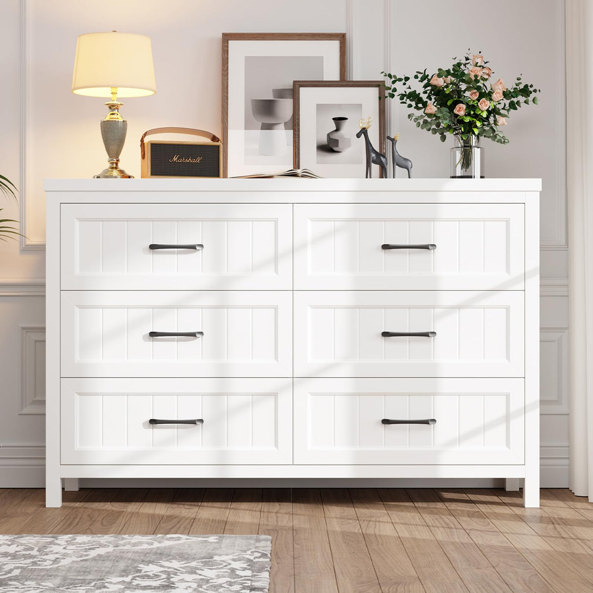 Jocoevol 6 Drawer Dresser for Bedroom, Farmhouse Dresser with Deep Drawers, Large White Dresser Wooden Double Dresser Chest of Drawers for Living Room, Hallway, Entryway (White, 6 Drawer) Jocoevol
