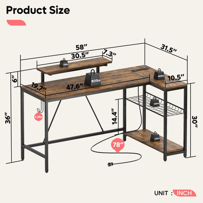 Bestier 58 L Shaped Desk with Power Outlets,Home Office Corner Desk with Reversible Shelves & LED Lights - Modern Simple Writing Study Desk for Small Space,Rustic Brown
