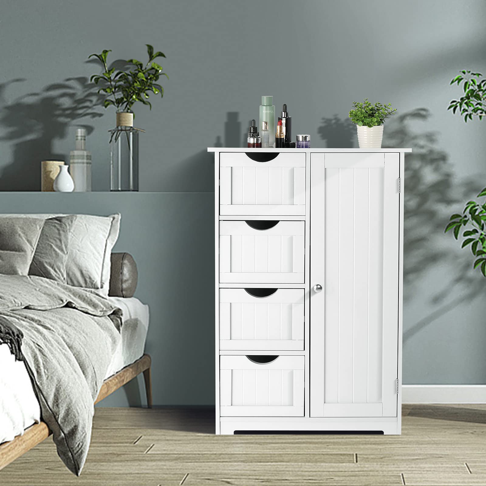 Bonnlo Compact White Wooden Bathroom Storage Cabinet with 4 Drawers and Cupboard - WoodArtSupply