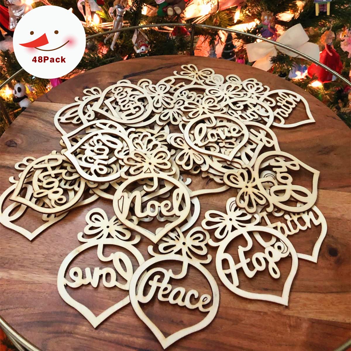 48 Pack Hollow Wood Letter Ornaments for Church Party Christmas Tree, Wedding Favor, Birthday Decoration