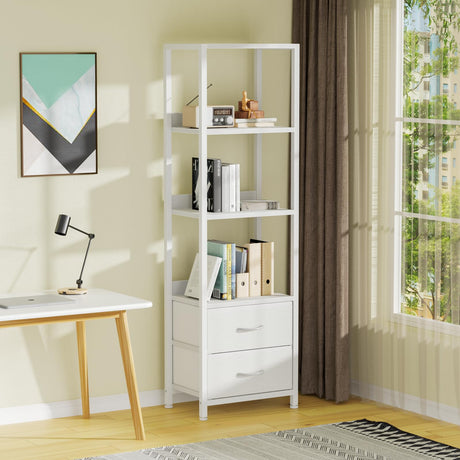 Furnulem 4-Tier Corner Shelf, Bookshelf with 2 Storage Drawers, 57.28”Tall Narrow Bookcase, Standing Shelf Organizer Unit for Living Room, Bedroom, Metal Frame, Wood Display Shelf Furnulem