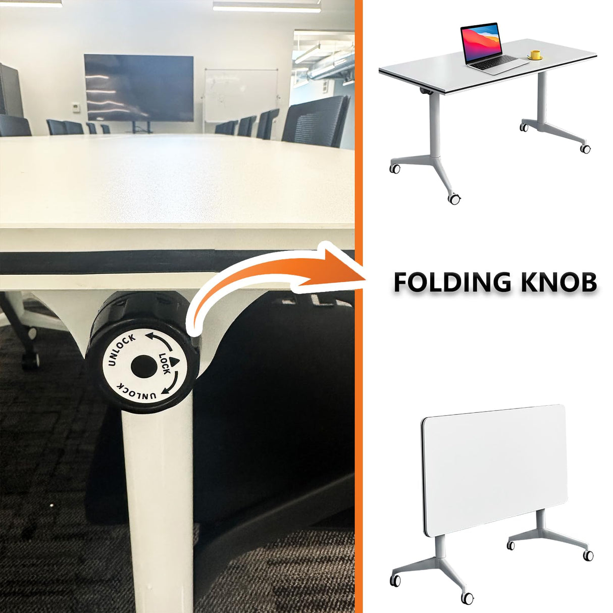 4PCS White Folding Conference Room Table, Modern Meeting Table with Wheels, 55" D x 23.6" W x 29.5" H Wood Seminar Table for Office Training Classroom Ptosziav