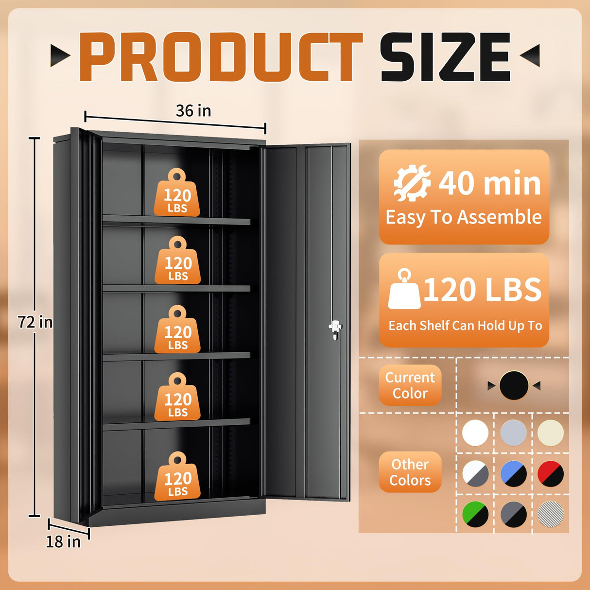 Greenvelly Metal Storage Cabinet with Lock, 72" H Black Metal Garage Storage Cabinet with Doors and 4 Shelves, Lockable Steel Tool Cabinets for Garage, Home, Office, Shop, School(36" W x 18" D) Greenvelly