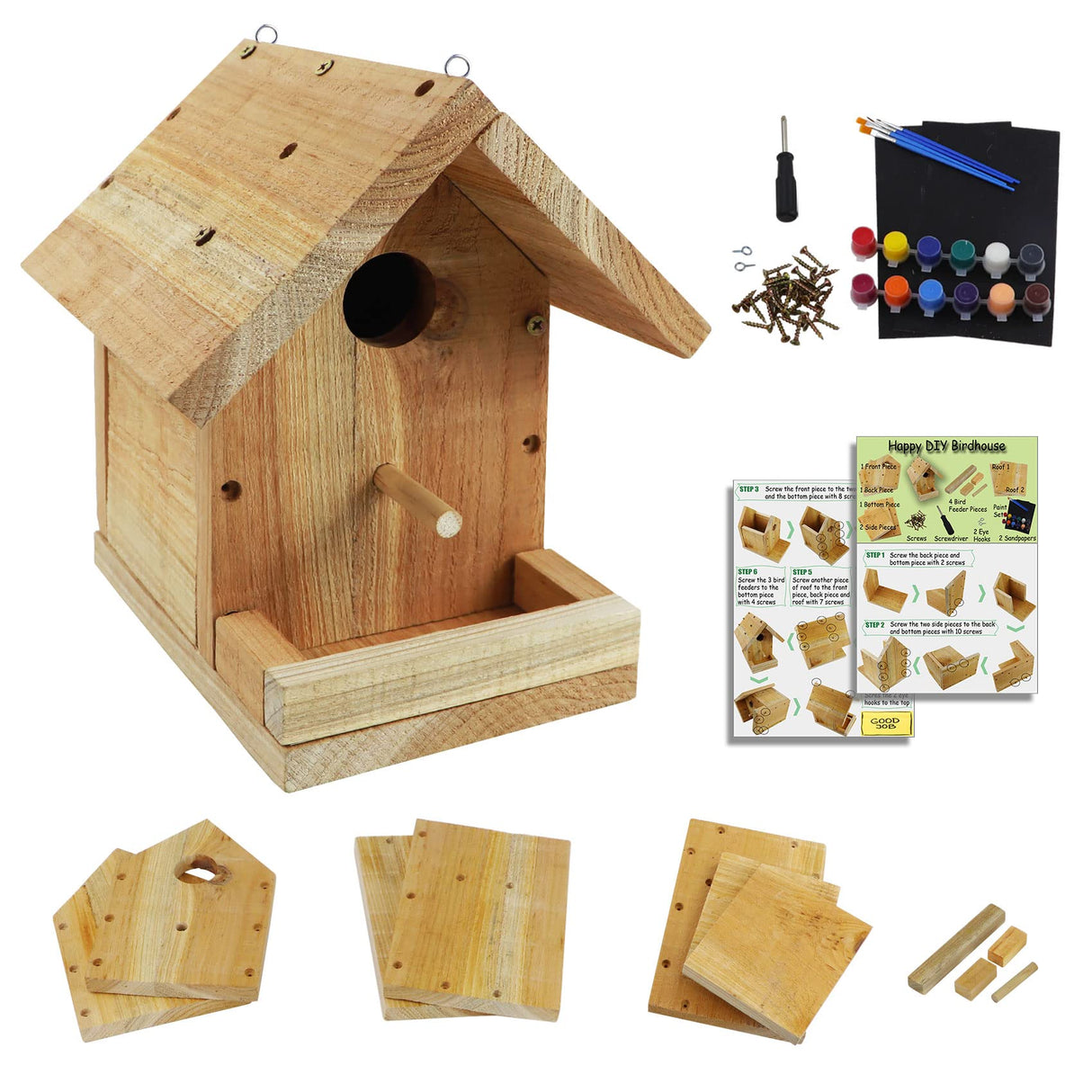 DIY Birdhouse Kit with Paint Set - Kids' Wood Craft Kits - Make a Bird House Kit for Kids - DIY Woodcraft Building Projects for Kids and Adults- STEM Teaching Tools Pontuss