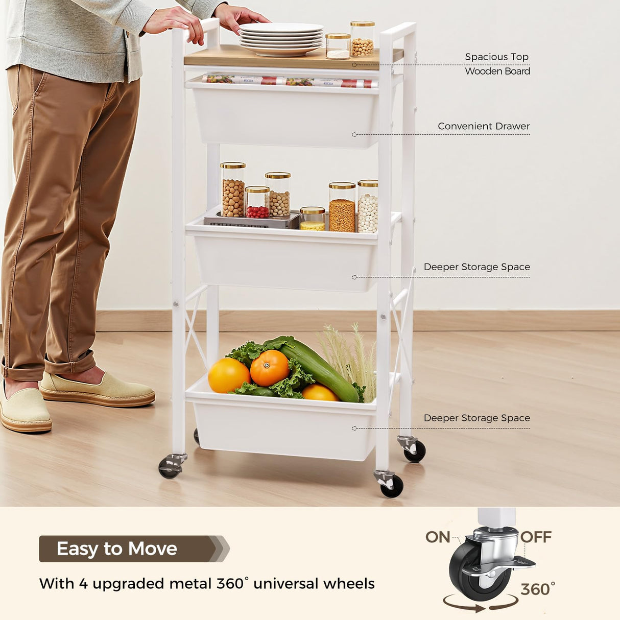 3 Tier Rolling Utility Cart with Drawer, Plastic Drawer Storage Snack Craft Book Cart with Lockable Wheels & Wood Tabletop, Metal Shelf Storage Organizer Cart for Kitchen, Bedroom, Office, White Time Forest