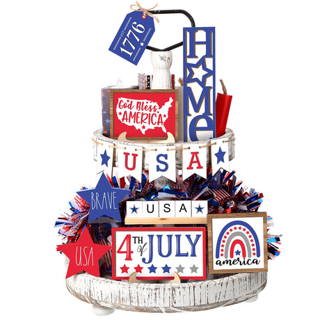 13 Pieces 4th of July Tiered Tray Decor Patriotic Table Decor Wood Signs Independence Day Decorations for Memorial Day American Star Red White Blue Farmhouse Home Party (Classic) FairySandy
