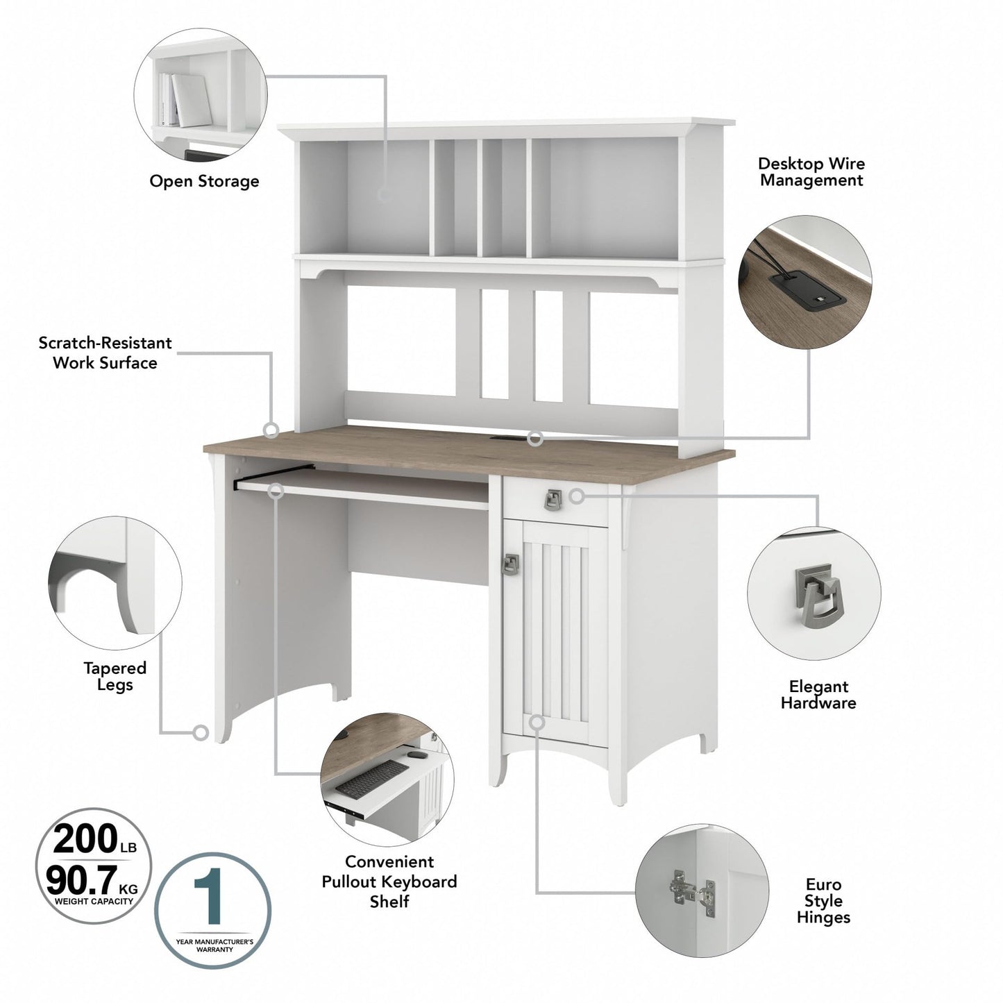 Bush Furniture Salinas Computer Desk with Hutch | Study Table with Drawers, Cabinets & Pullout Keyboard/Laptop Tray | Modern Home Office Desk in Pure White and Shiplap Gray | Work Desk with S - WoodArtSupply