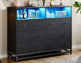 Jojoka Wide Dresser for Bedroom with Charging Station, 6 Drawer Dresser with LED Lights, Modern Large Capacity Storage Cabinet, Wood Dressers & Chests of Drawers Closet,Black Jojoka