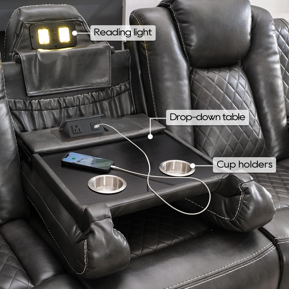 Power Reclining Sofa Couch with Wireless Charger, 3 Seaters with Recliner with Reading Light, Leather Electric 3 Seat Sofa Sectional Set for Living Room, Home Theater Seating with LED Lights, Grey Comfort Stretch