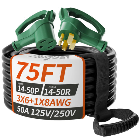 PlugSaf 75 FT 50 Amp RV/EV Extension Cord Outdoor, 4 Prong Flexible Heavy Duty 6/3+8/1 Gauge STW RV Power Cord Waterproof with Cord Organizer, NEMA 14-50P to 14-50R, Black-Green, ETL Listed PlugSaf