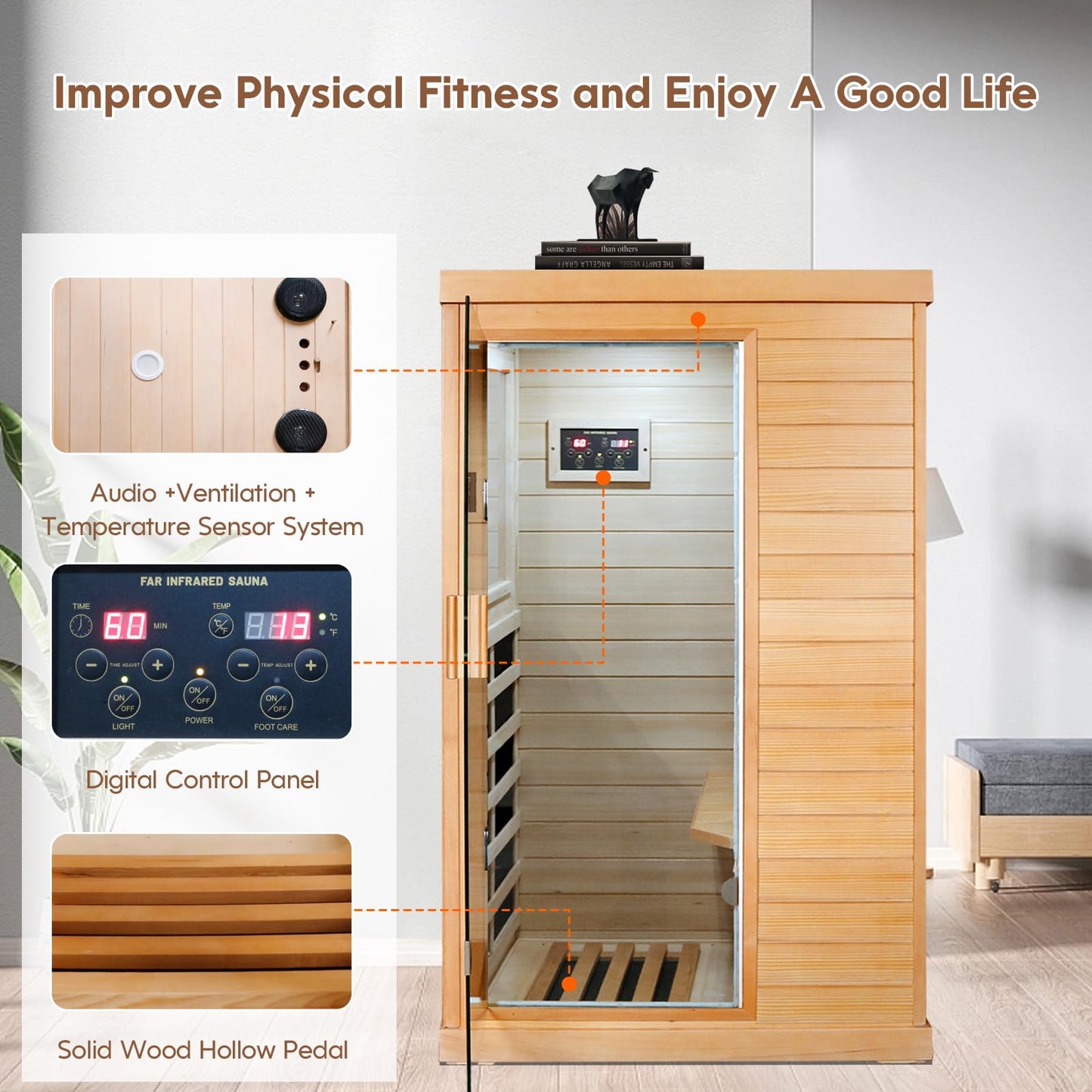 HAOYAYA Far Infrared Saunas with Control Panel and Tempered Glass Door Dry Sauna Bath 800W Low-EMF Home Sauna Spa Canadian Hemlock Wood Indoor Saunas Room Dimensions: 35.24 * 27.56 * 61.61 Inches