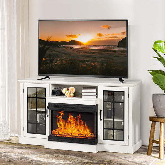 Breezestival Fireplace TV Stand with All-Sided Glass Electric Fireplace,59'' Entertainment Center with Farmhouse Glass Door Storage Cabinet, for TVs up to 65", White