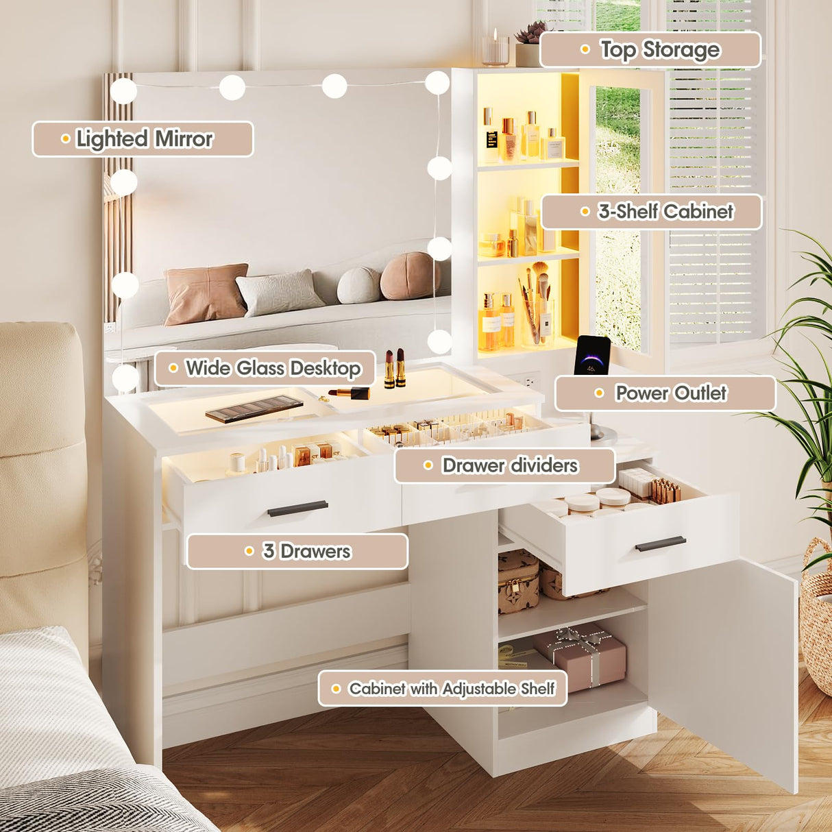 Fameill Makeup Vanity Glass Top with Lights, White Vanity Desk with Mirror & Charging Station, Vanity Table Set with RGB Lights, Large Mirror with 3 Lighting Modes, 3 Drawers & 2 Cabinets, 43in(L) Fameill