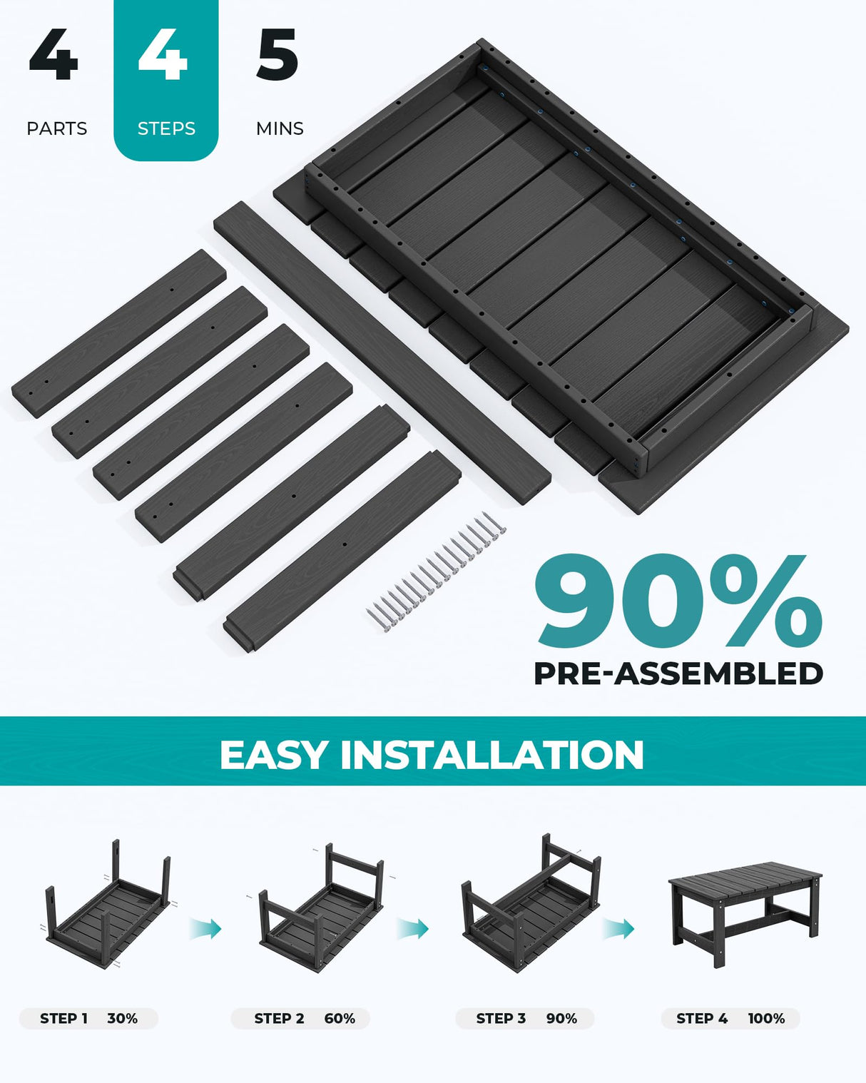 SERWALL Outdoor Coffee Table, HDPE Patio Coffee Table for Outside, Rectangle, Black SERWALL