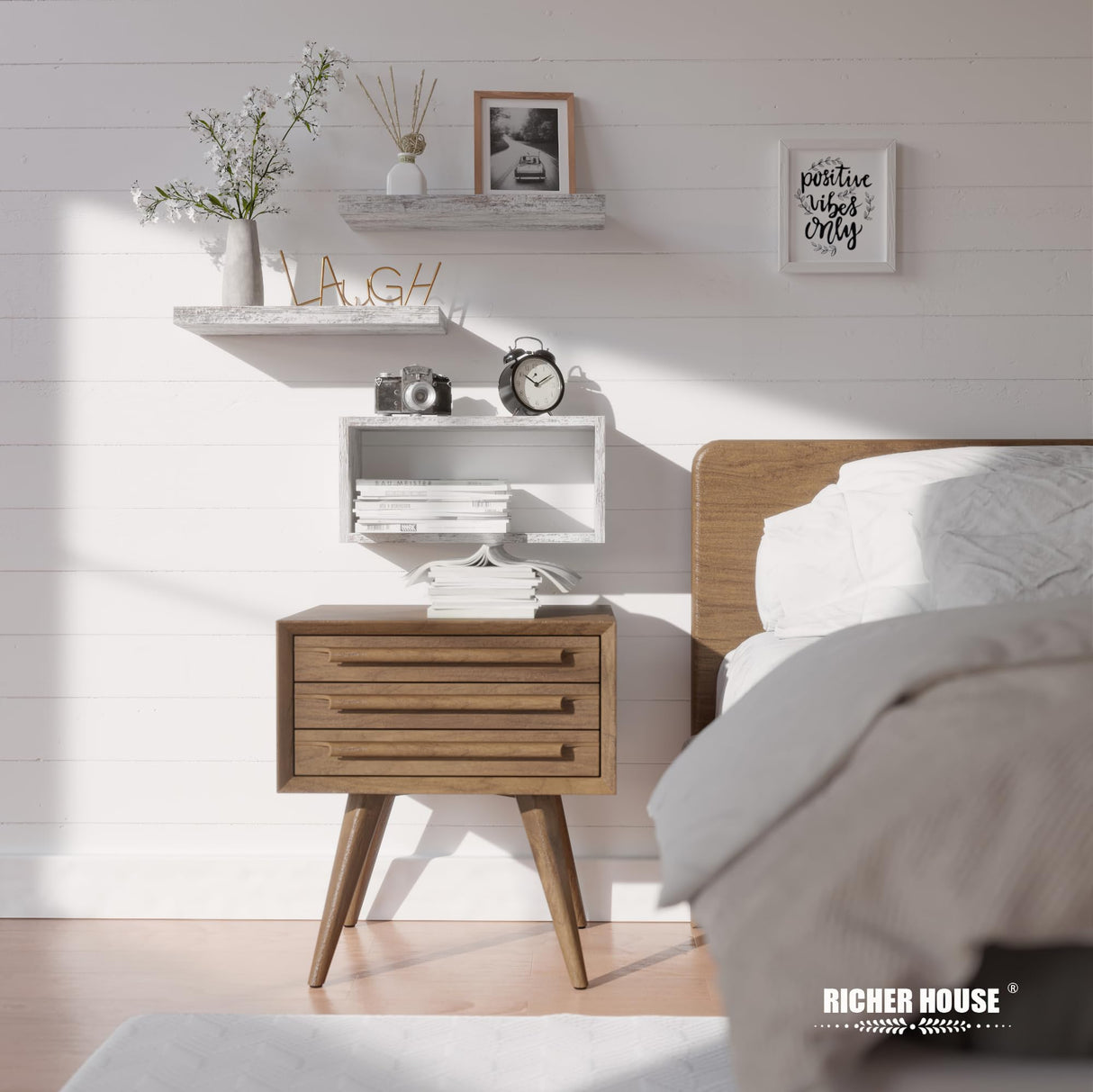 RICHER HOUSE Floating Shelves Set of 3, Farmhouse Bathroom Shelves Wall Mounted Shelves with Invisible Brackets Over Toilet, Wall Shelves for Bathroom Bedroom, Living Room, Kitchen - Rustic White RICHER HOUSE