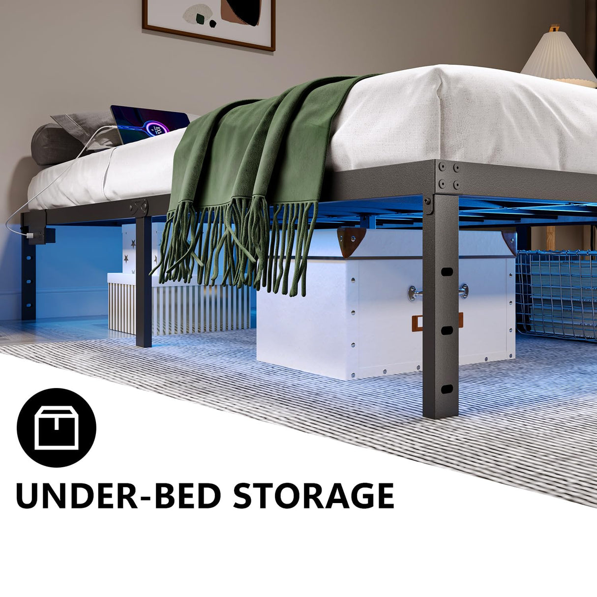 HAVONIZD Twin Bed Frame with LED Lights & Charging Station - 14 Inch Heavy Duty Metal Platform Bed Frame No Box Spring Needed, Easy Assembly, No Noise HAVONIZD