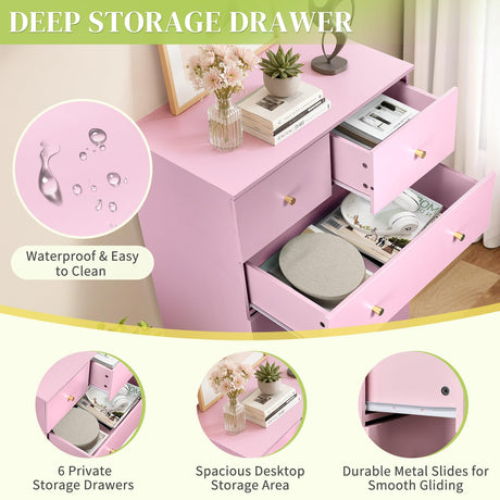 Karl home Pink 6 Drawer Dresser for Bedroom, Tall Dresser Chest of Drawers, Rustic Wood Bedroom Dressers Clothes Organizer, Anti-Tipping Device, Rose Gold Metal Handle, Living Room, Entryway, Office Karl home