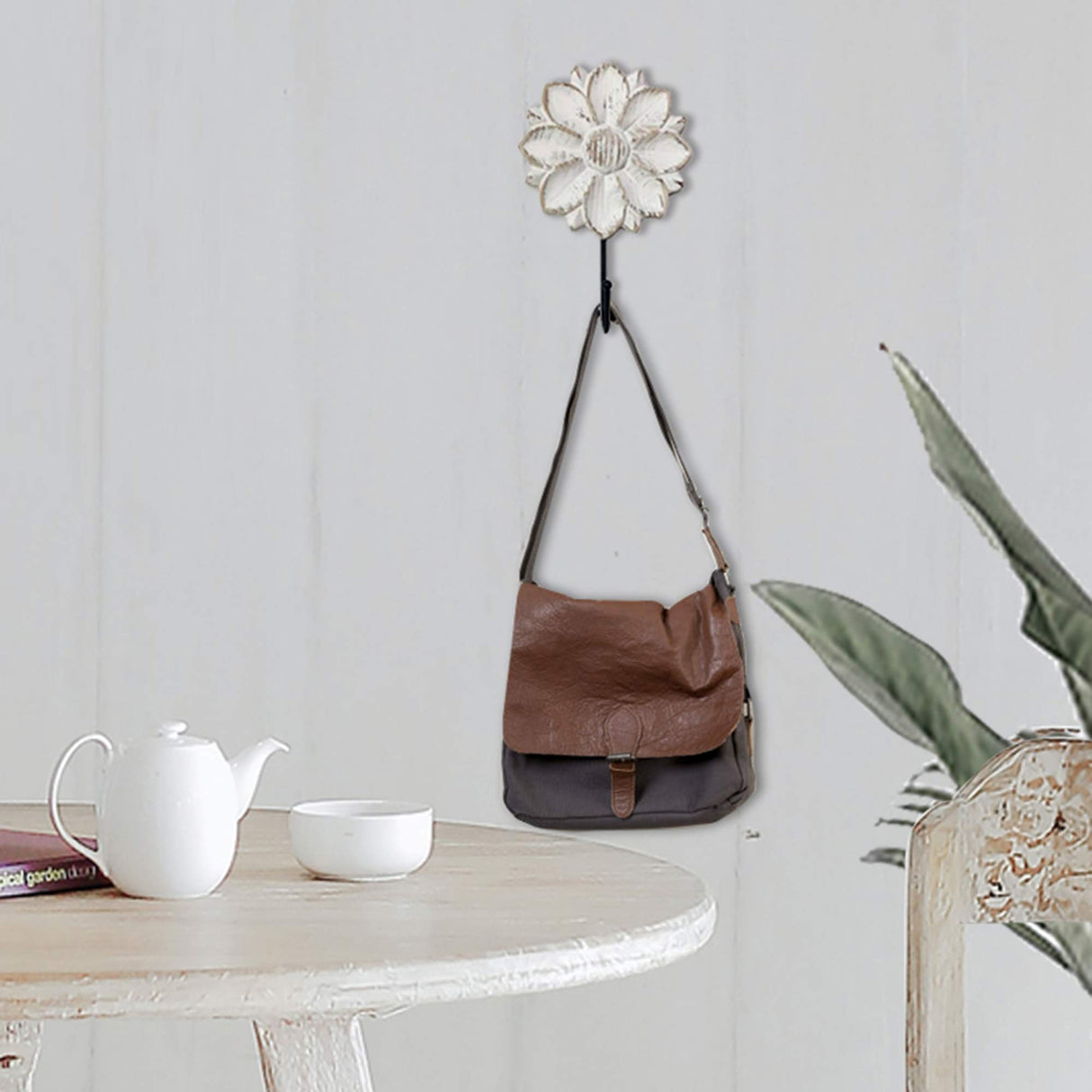 dwellington Decorative Boho Flower Towel Hooks, White Distressed Wood Hanging Hooks, Farmhouse Boho Coat Rack Hooks for Hanging Things, Towels, Purse dwellington