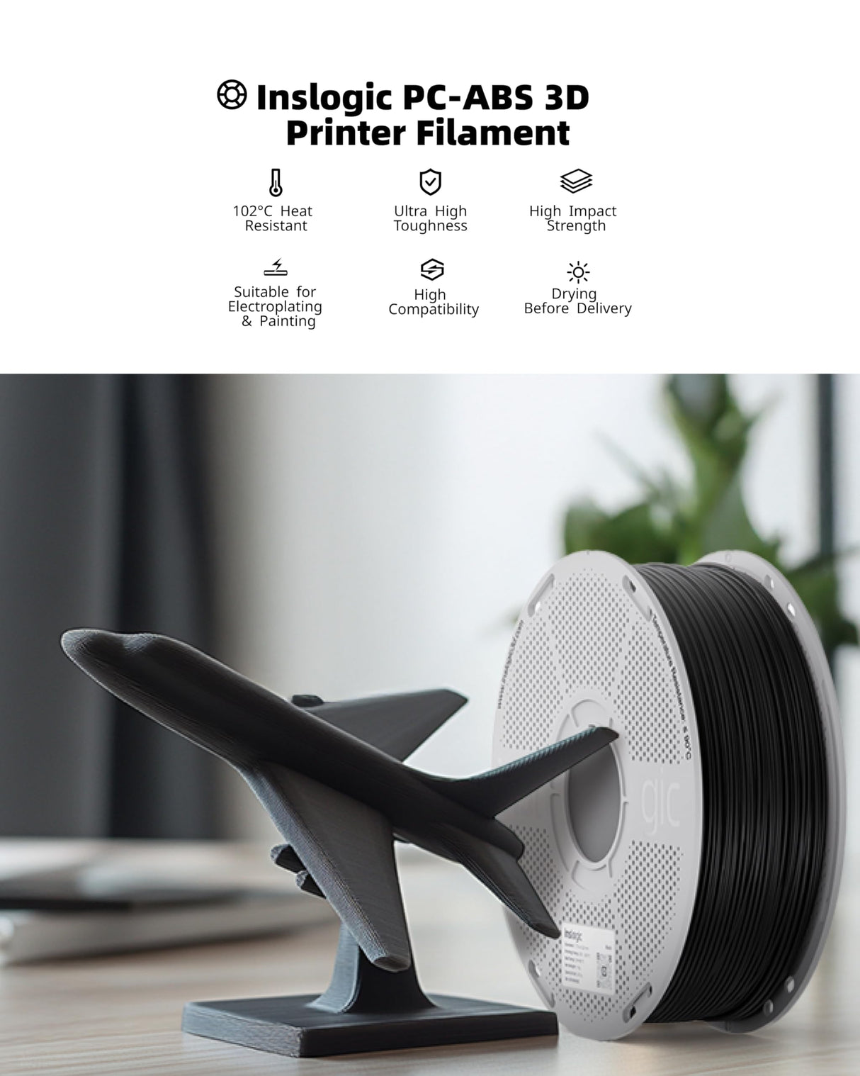 Inslogic PC-ABS Filament 1.75mm, Black Polycarbonate Filament 1.75mm Blend with ABS 1kg - Tough and Heat Resistant 1.75mm 3D Printer Polycarbonate Filament, Dimensional Accuracy +/- 0.02mm Inslogic