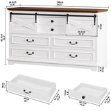 IRONCK Farmhouse 6 Drawers Dresser for Bedroom, 55.1" Large Wooden Chest of Drawers with Sliding Barn Door, White/Walnut IRONCK