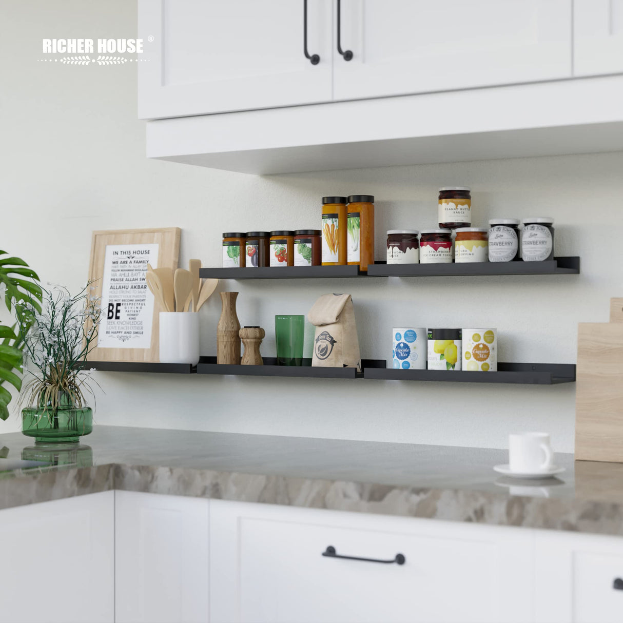 RICHER HOUSE 5 Set Floating Wall Mounted Shelves, Black Shelves for Wall Decor, Modern Picture Ledge Shelf with Lip for Storage, Nursery, Bedroom, Living Room, Bathroom - Black RICHER HOUSE