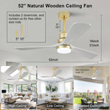 BOJUE 52 inch Gold Ceiling Fans with Lights and White Solid Wood Fan Blades - Modern Ceiling Fan with Remote for Indoor/Outdoor Farmhouse, Low Profile Bedroom, Patio - Gold Finish and White Blades BOJUE