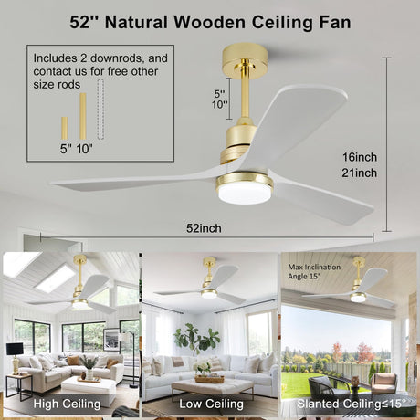 BOJUE 52 inch Gold Ceiling Fans with Lights and White Solid Wood Fan Blades - Modern Ceiling Fan with Remote for Indoor/Outdoor Farmhouse, Low Profile Bedroom, Patio - Gold Finish and White Blades BOJUE