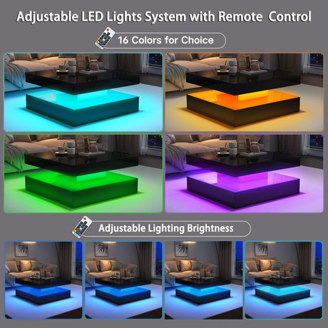 FKWin LED Coffee Table for Living Room with Storage - High Glossy Modern White Center Table with 2 Drawers, Square Wooden Middle Table with 16-Color Lights 31"" x 31"" x 14.6"" (Black) FKWin
