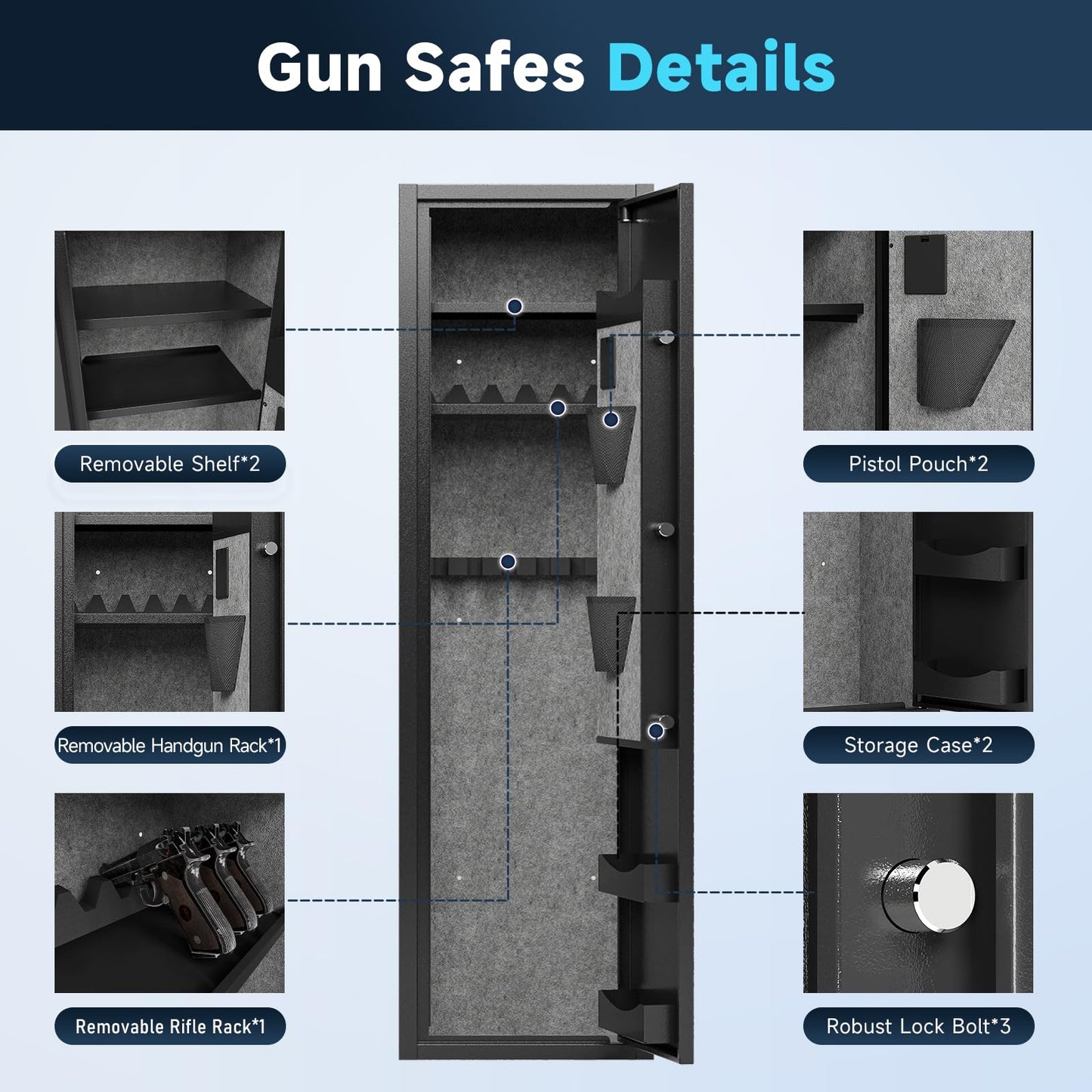 KAER 6 Rifle Gun Safe, Quick Access Large Gun Safe for Home Rifle and Pistols, Electronic Locking Heavy-Duty Gun Cabinet with Pockets and Removable Shotgun Handgun Rack & Shelf, Assembled