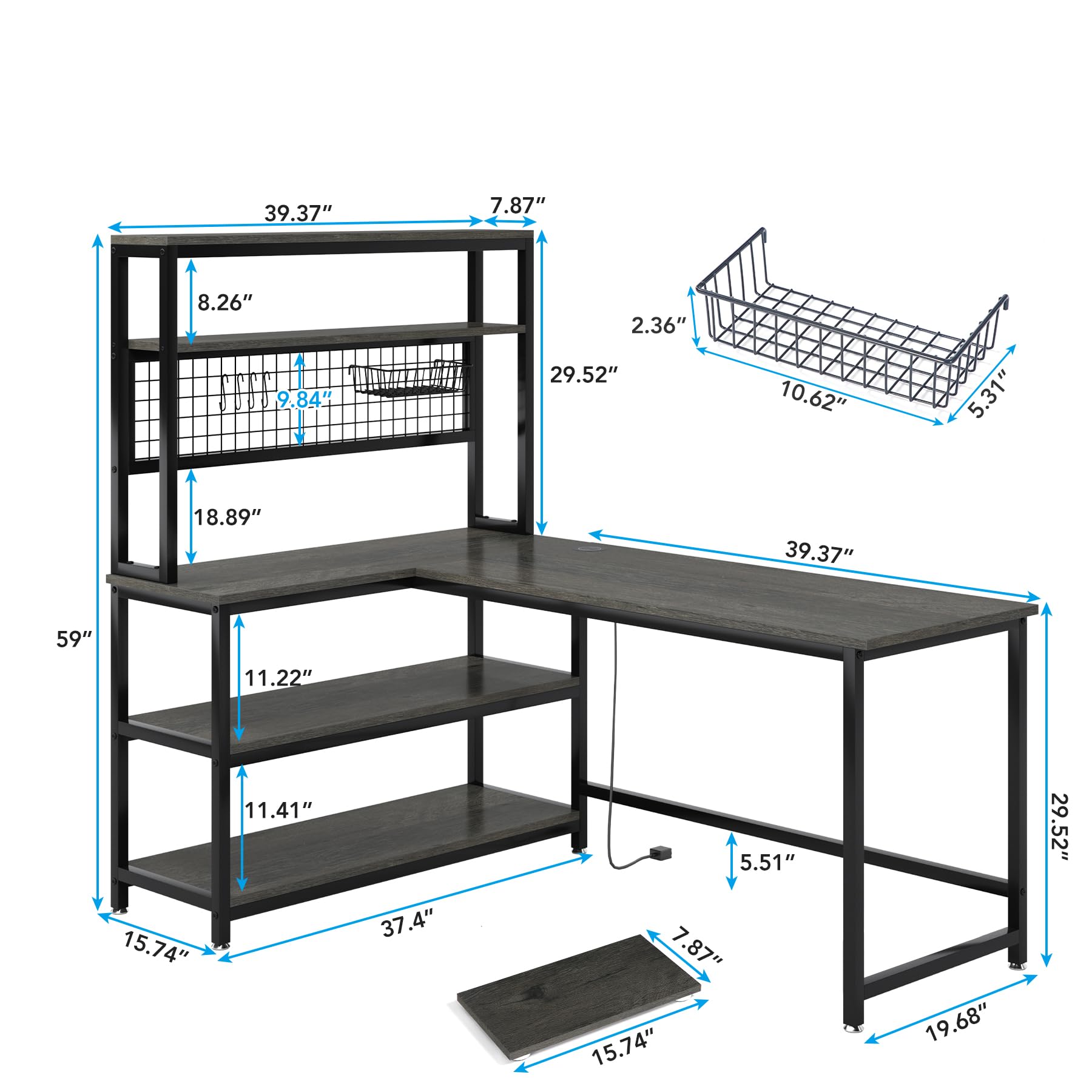 Tribesigns 55" Grey L-Shaped Computer Desk with Wireless Charging and 5 Storage Shelves - WoodArtSupply