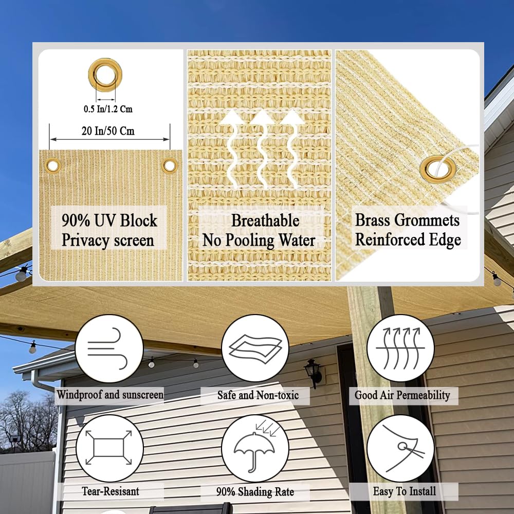 Vocray 90% Shade Cloth for Patio, 8X15 Ft Pergola Shade Cover, Sun Shade Sail for Beach, Deck, Porch, Balcony, Gazebo, Outdoor Shade for Garden, Carport, Pool. Vocray