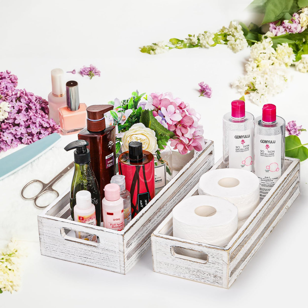 Noamus 2 Pack Bathroom Decor Box, Wooden Toilet Paper Holder, White Toilet Storage Basket, Toilet Tissue Tray with Handles for Home Decor, Farmhouse Tank Topper, Bathroom Kitchen Counter(2 Size) Noamus