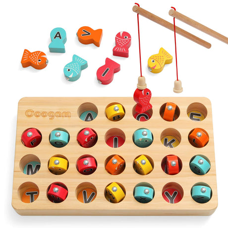 Coogam Wooden Magnetic Fishing Game, Fine Motor Skill Toy ABC Alphabet Color Sorting Puzzle, Montessori Letters Cognition Preschool Gift for Years Old Kid Early Learning with 2 Pole Coogam