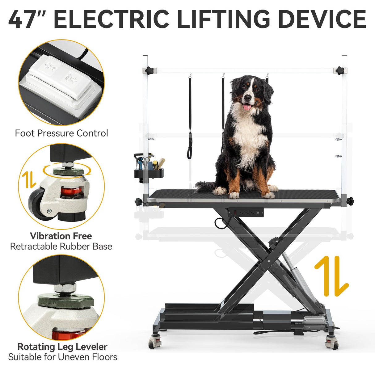 DWVO 49'' Electric Dog Grooming Table, Heavy Duty Adjustable Pet Grooming Table w/Leveling Wheels, Grooming Arm, Anti-Slip Top & Tool Organizer, Professional Dog Grooming Station (Black, 49inch) DWVO