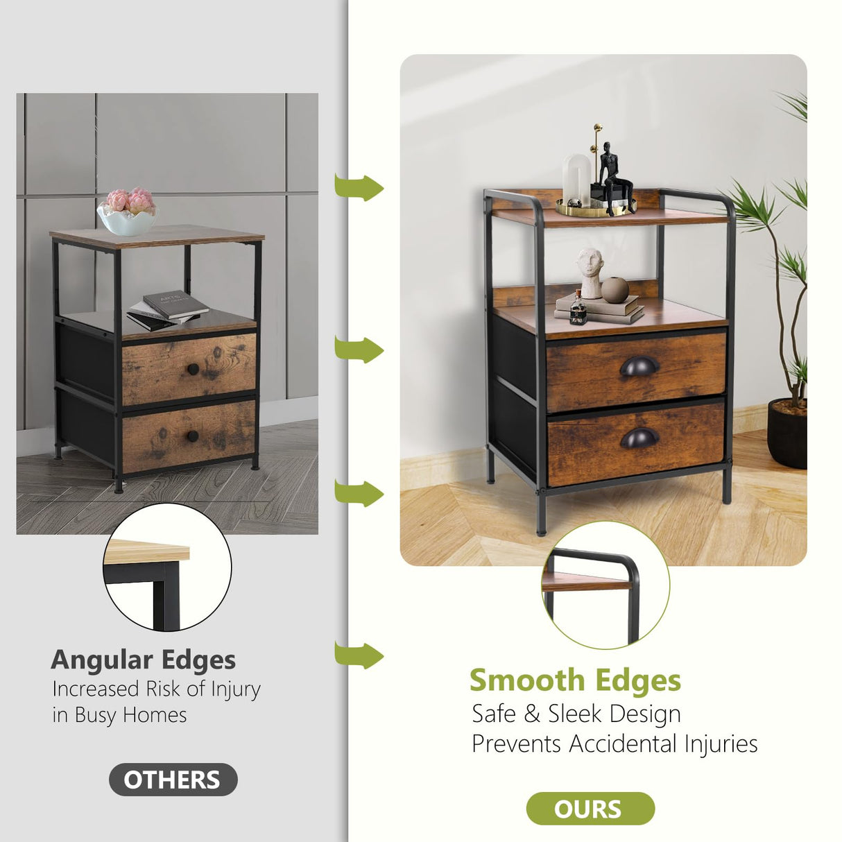 Jixlantuc Night Stand Bedside Table Bedroom Nightstand with Open Shelf Bed Side Table with Fabric Drawers End Table with 2 Drawer Storage Night Stands for Living Room Rustic Brown Black Jixlantuc