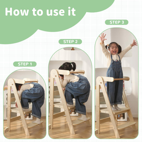 Foldable Toddler Tower 95% Preassembled Kitchen Stool Helper Folding Step Stool for Kids Montessori Toddler Standing Tower with 3 Adjustable Height Helper Tower for Kitchen Counter Sink Natural SHWWQUE
