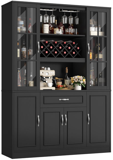 HIFIT 74" Kitchen Pantry Cabinet, Large Kitchen Hutch Storage Cabinet with Glass Door & Shelves, Wine & Glass Display Station, Tall Modern China Coffee Bar with Hutch for Home Dining Living Room,Black HIFIT