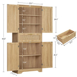 Iwell Tall Storage Cabinet with 2 Adjustable Shelves & Large Drawer, Rattan Cabinet with 4 Doors, Pantry Cabinets for Dining Room, Living Room, Home Office, Natural Iwell