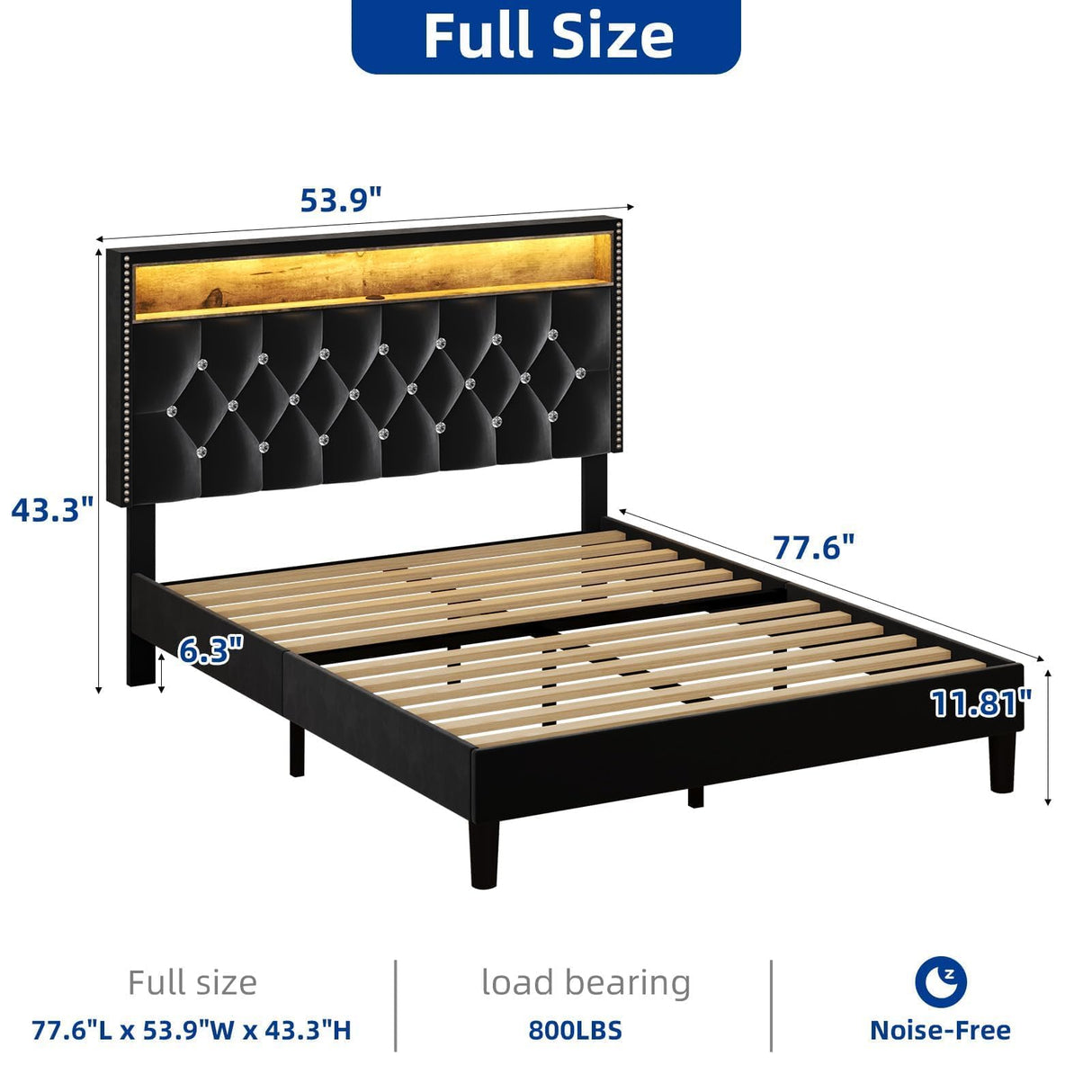 HOMBCK Full Size Bed Frame with LED Lights, Velvet Upholstered Bed Frame Full with Charging Station and Storage Headboard, Modern Diamond and Rivet Design, No Box Spring Needed, Easy Assembly, Black HOMBCK