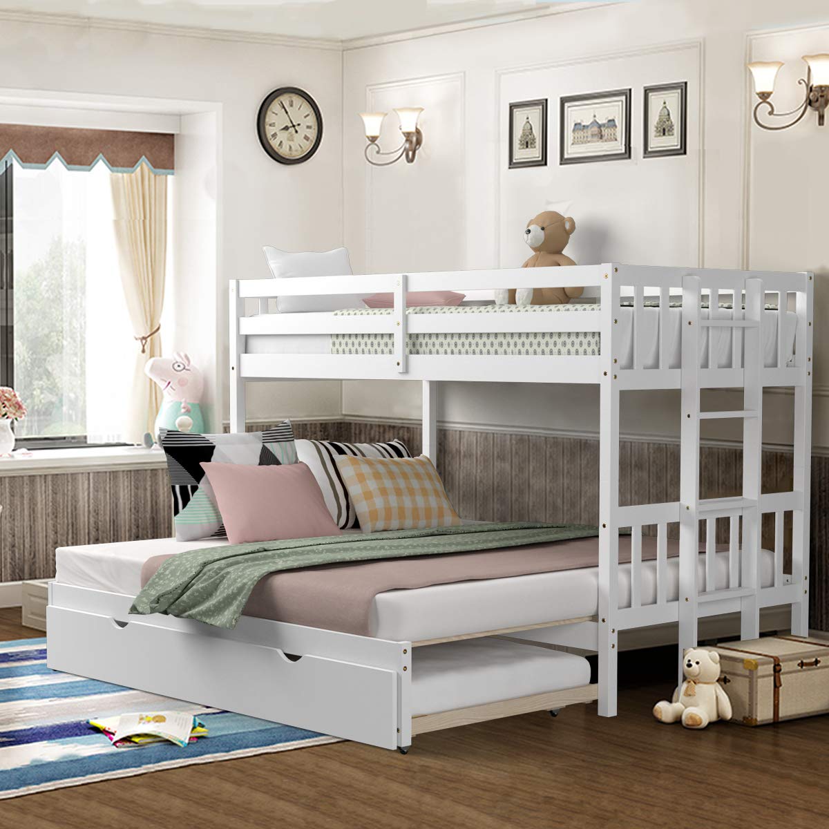 Giantex Versatile Twin Over Pull-Out Bunk Bed with Trundle - Solid Wood in White - WoodArtSupply